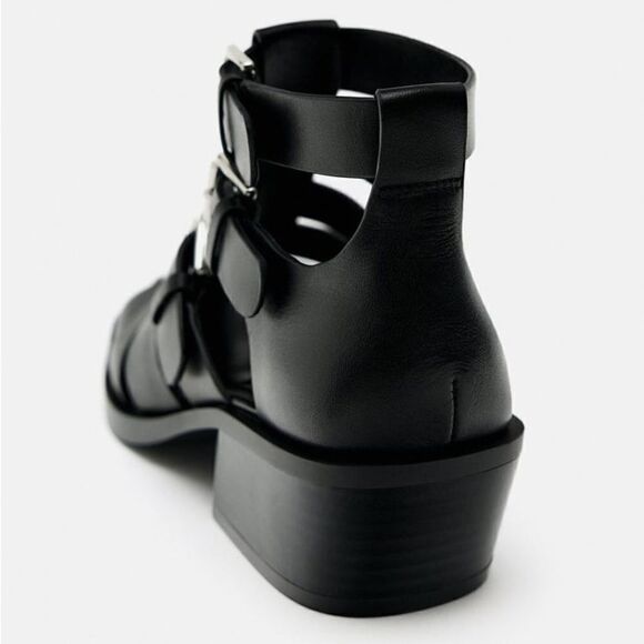 ZARA HEELED BUCKLED GENUINE LEATHER CAGE SANDALS - Picture 8 of 14